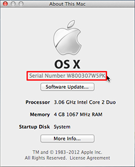 Serial Number is under the Apple icon and OS X text